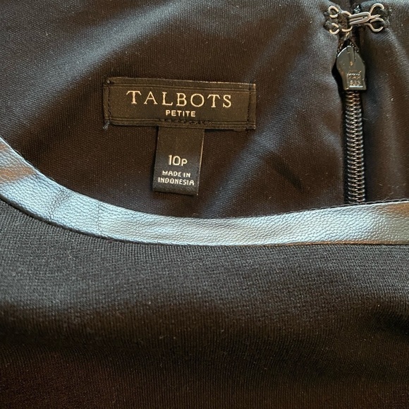 TALBOTS Black Ponte Knit Faux Leather Trim Dress Sz 10P 3/4 sleeves EUC - Picture 7 of 13